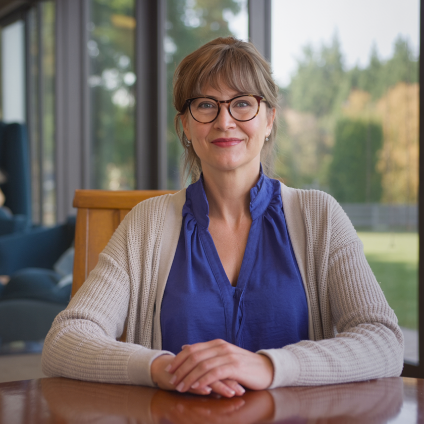 Personalvermittlung jorbis jorbis Kollegin mit Brille und blauer Bluse sitzt an einem Tisch in einem hellen Raum.